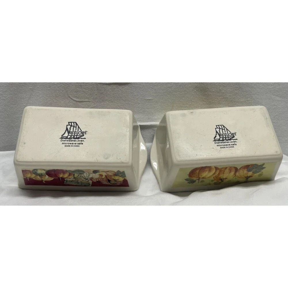 Set of 2 Nantucket Mini Ceramic Loaf Pans Baking Dishes Autumn Fall Halloween